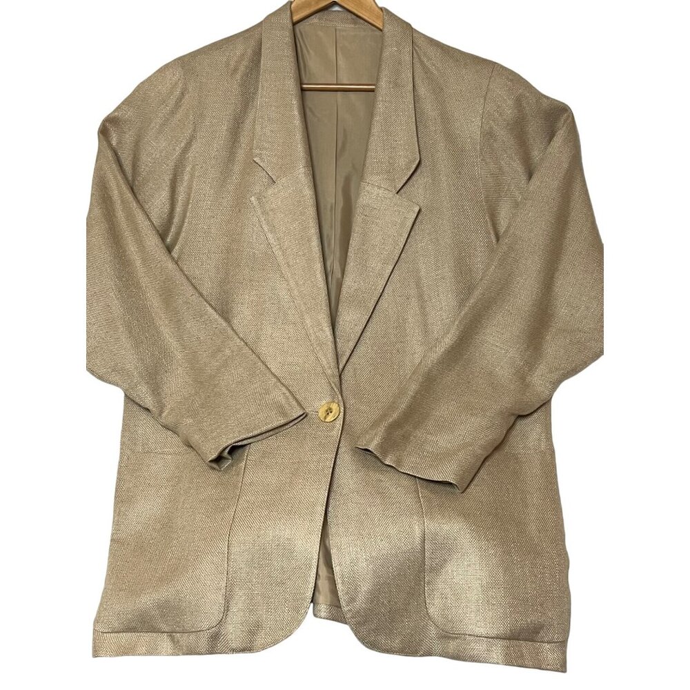 VTG 1980s VVF Women's Blazer Size 12 Beige Rayon & Linen Single Button Long Slee